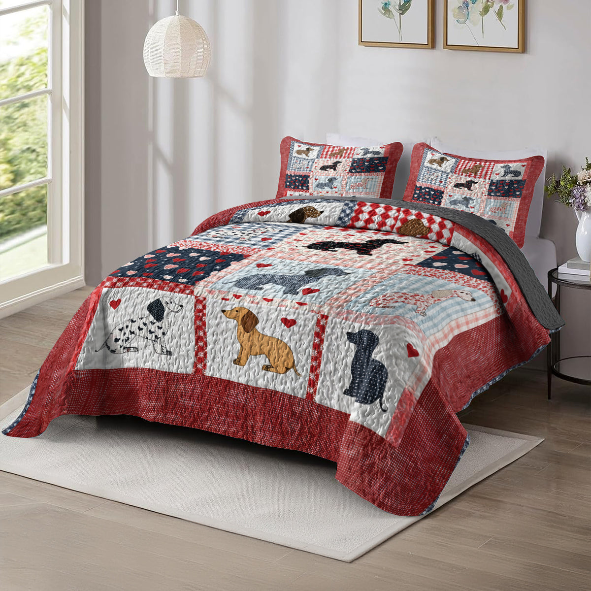 Shineful All Season Quilt 3-teiliges Set Schöner Dackel Patchwork