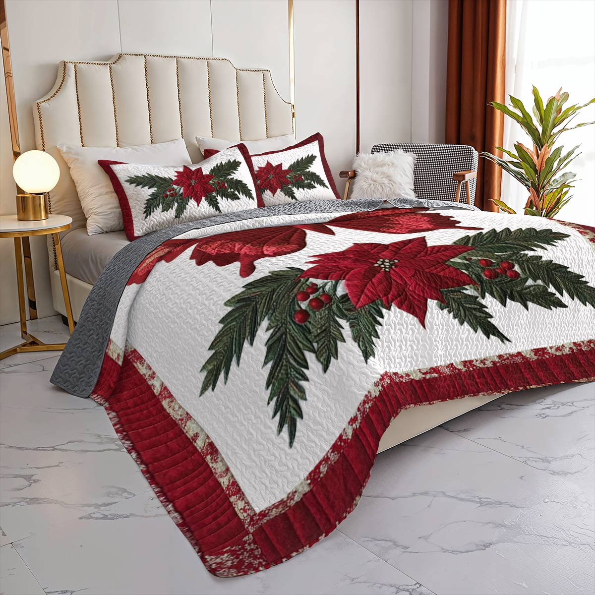 Shineful All Season Quilt 3-Piece Set Gentle Red Christmas Butterfly