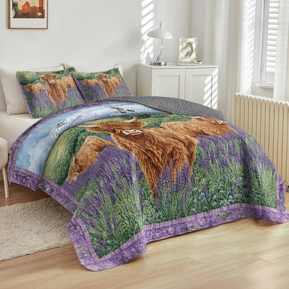 Shineful All Season Quilt 3-Piece Set - Highland Cows In Lavender Field