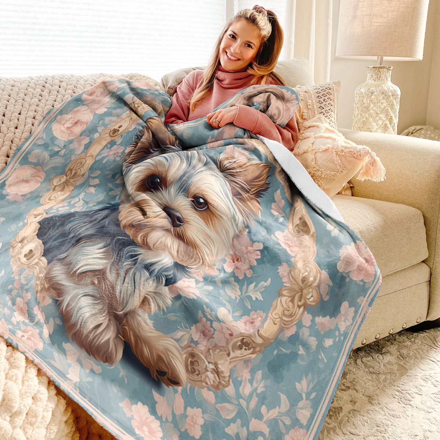 Shineful Fleece Blanket Yorkie Blossom Elegance