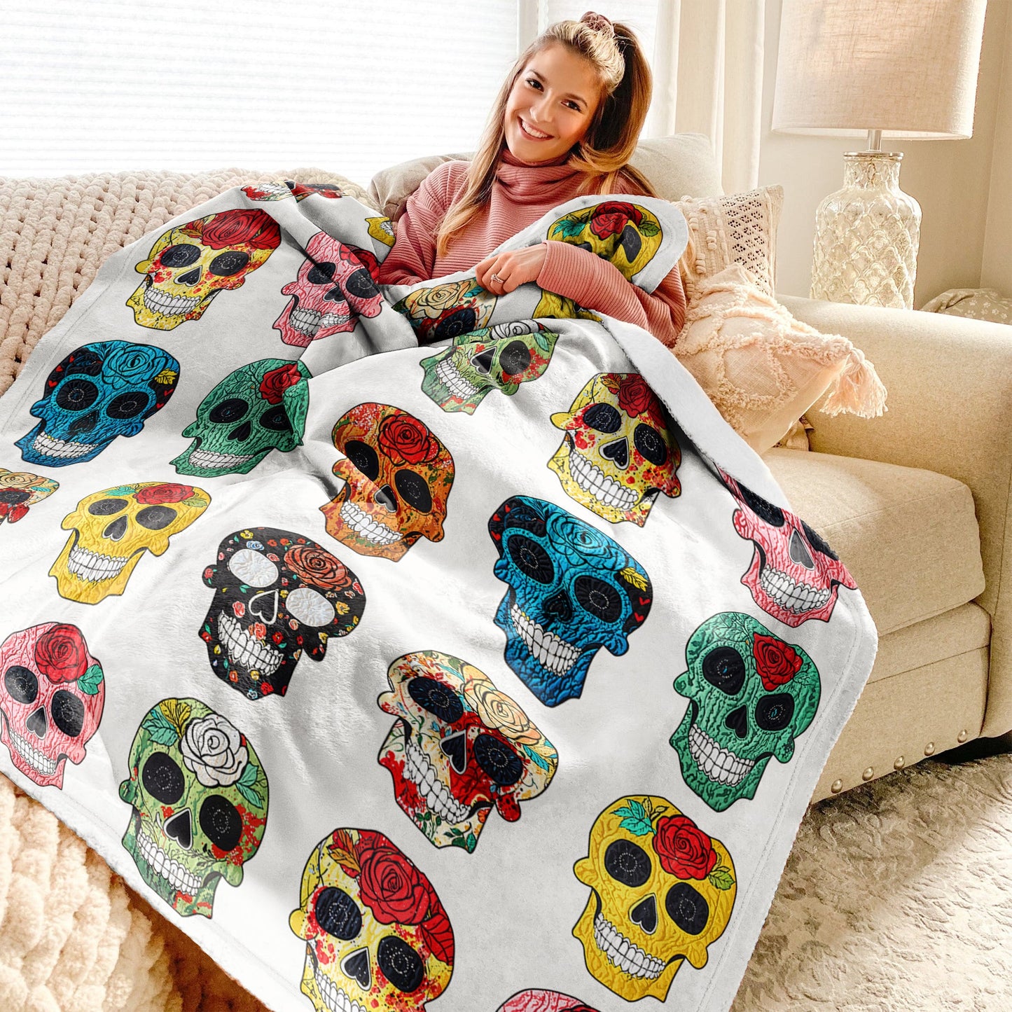 Shineful Fleece Blanket Colorful Sugar Skull Roses