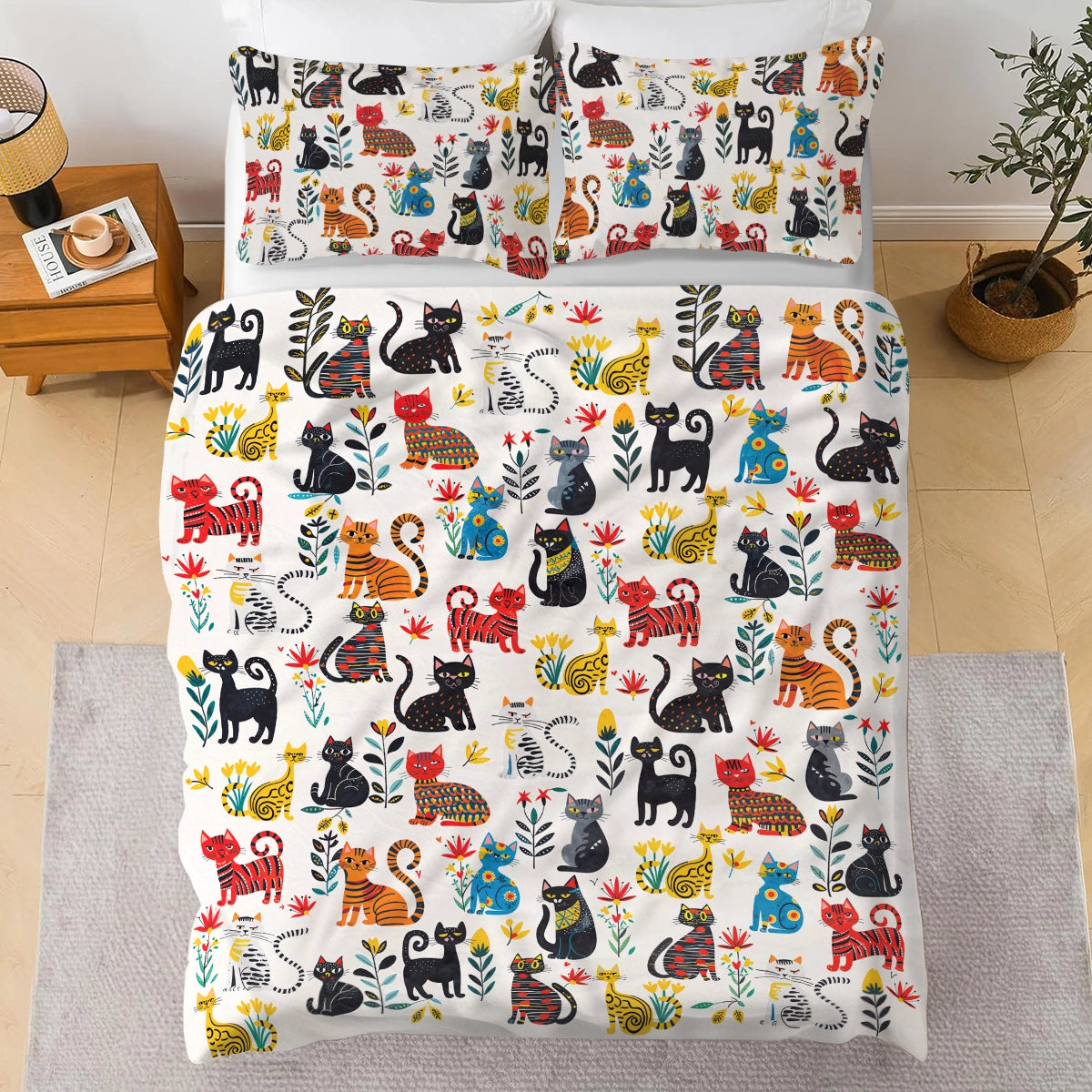 Shineful 3 Pieces Duvet Cover Set Cute Whimsical Cat