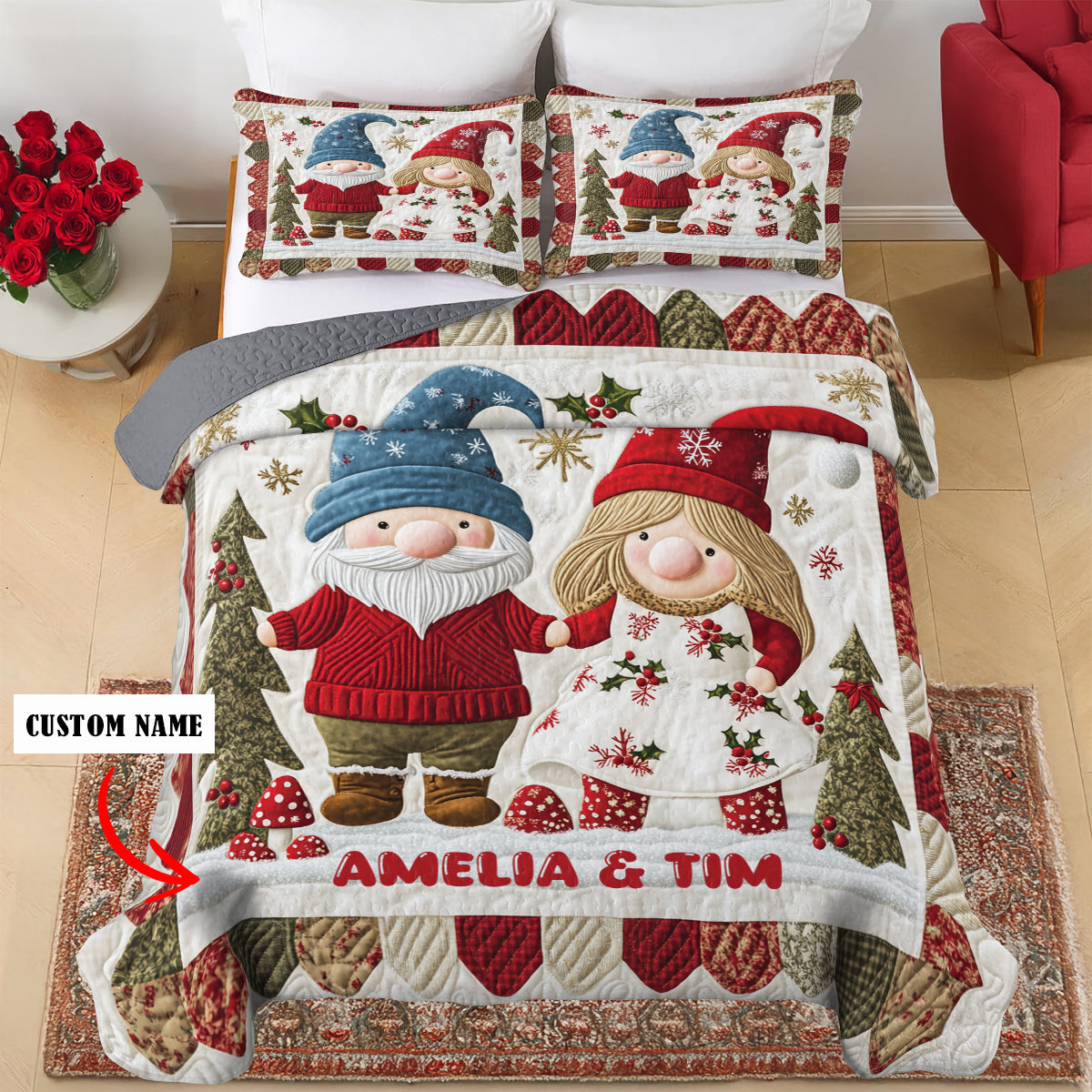 Shineful All Season Quilt 3-Piece Set Personalized Lovely Gnome Couple