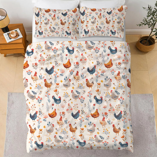 Shineful 3 Pieces Duvet Cover Set Chicken Flower