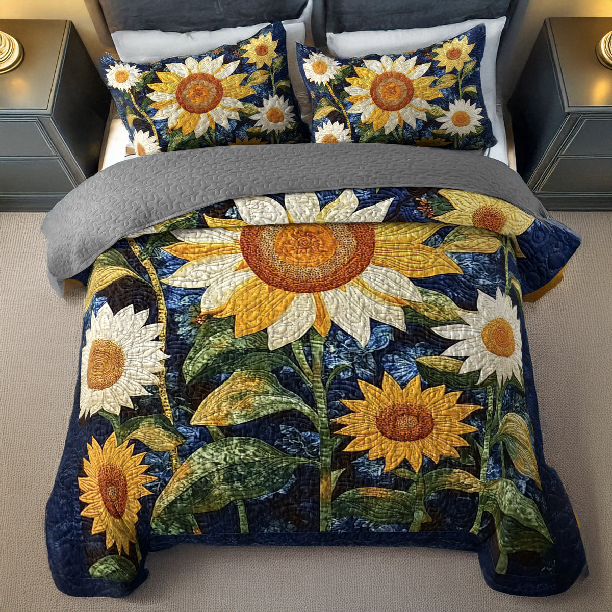 Shineful Flat Print All Season Quilt 3-teiliges Set - Mitternachtssonnenblume 