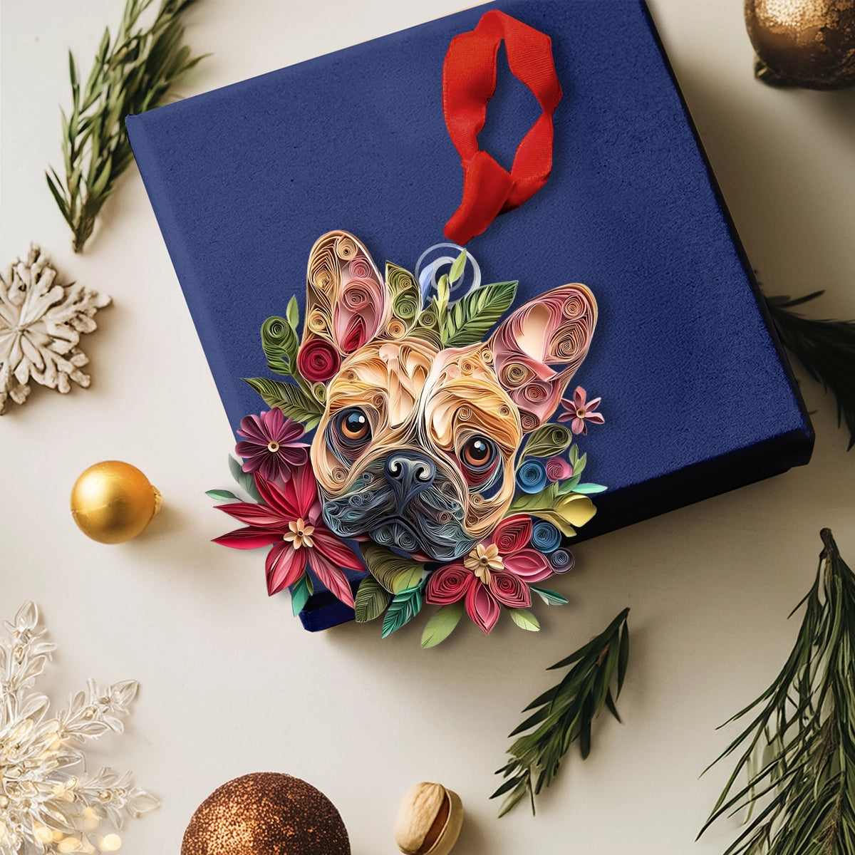 Ornement en acrylique 2D brillant - Frenchie Floral Festive 