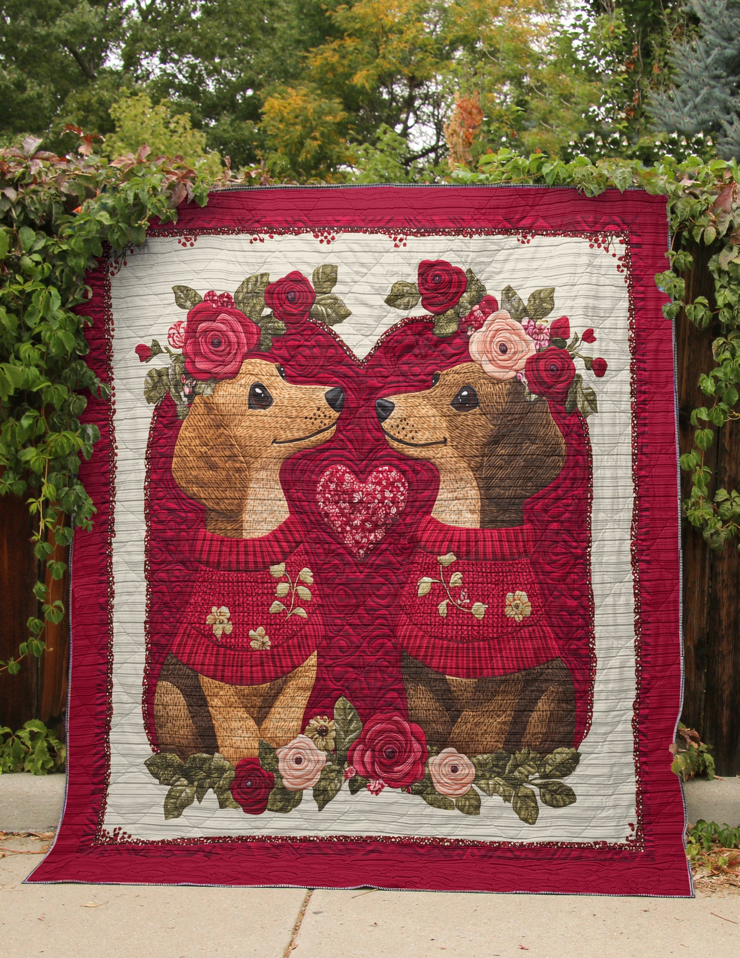 Shineful Flat Print Faux Quilt Blanket - Heart Floral Dachshund Couple