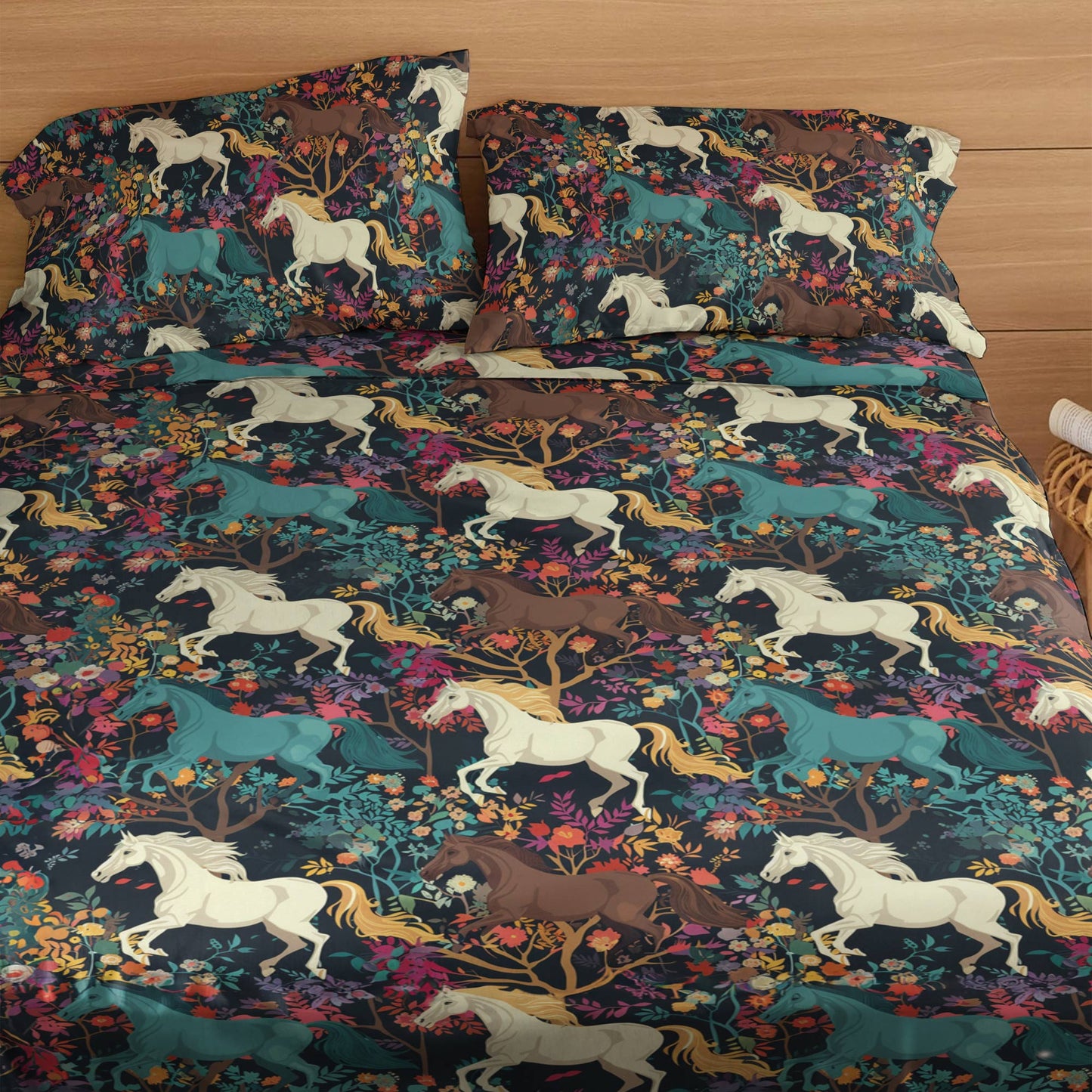 Shineful 4-Piece Bed Sheet Set Horse Floral