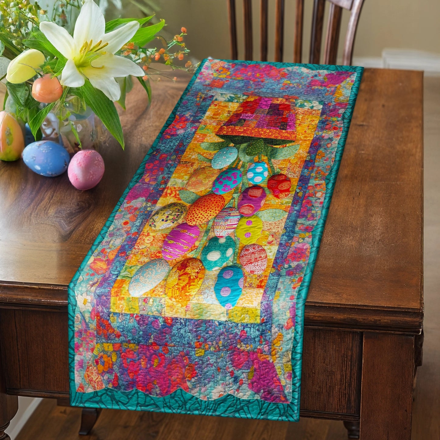 Shineful 2D Flat Print Quilted Table Runner Colorful Easter Eggs