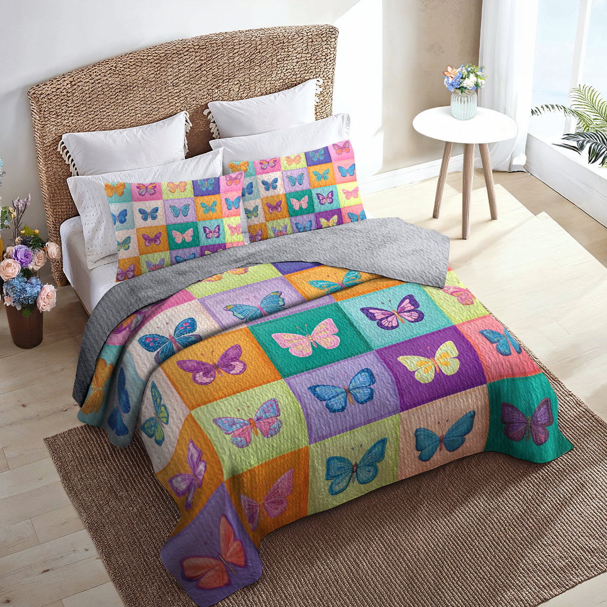 Shineful All Season Quilt 3-Piece Set Colorful Butterfly Art