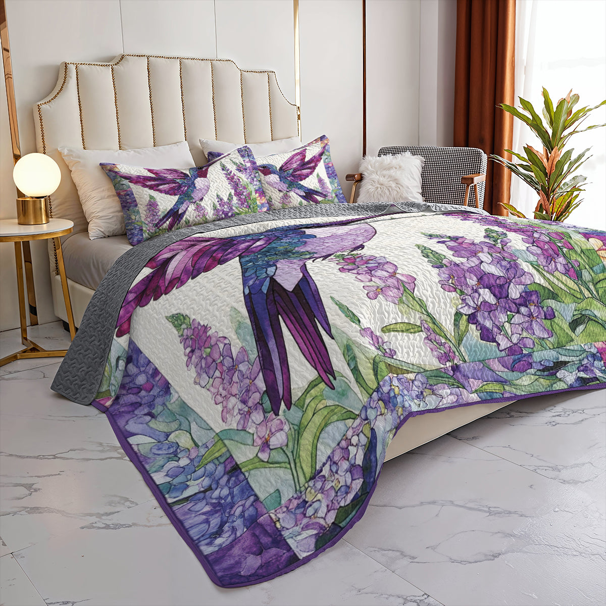 Shineful All Season Quilt 3-Piece Set Purple and Pink Hummingbird