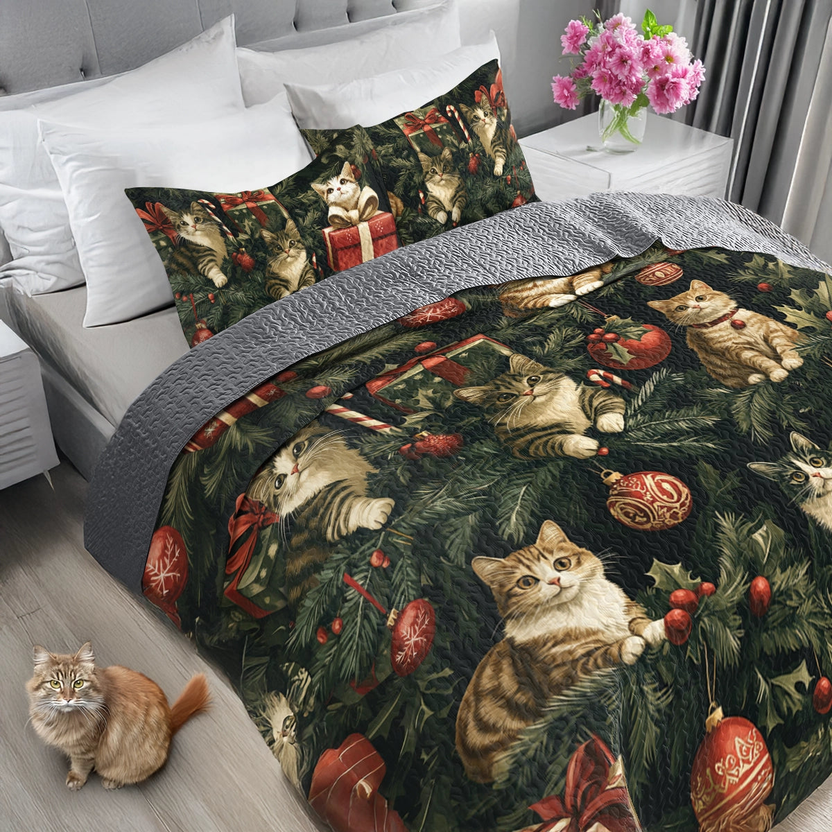 Shineful All Season Quilt 3-Piece Set Meowy Christmas Tree