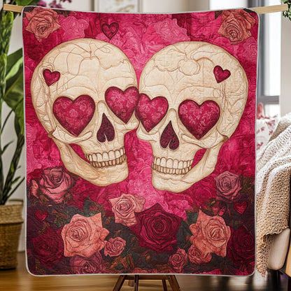 Shineful Flat Print Faux Quilt Blanket - Eternal Love Skulls Surrounded by Roses and Passion