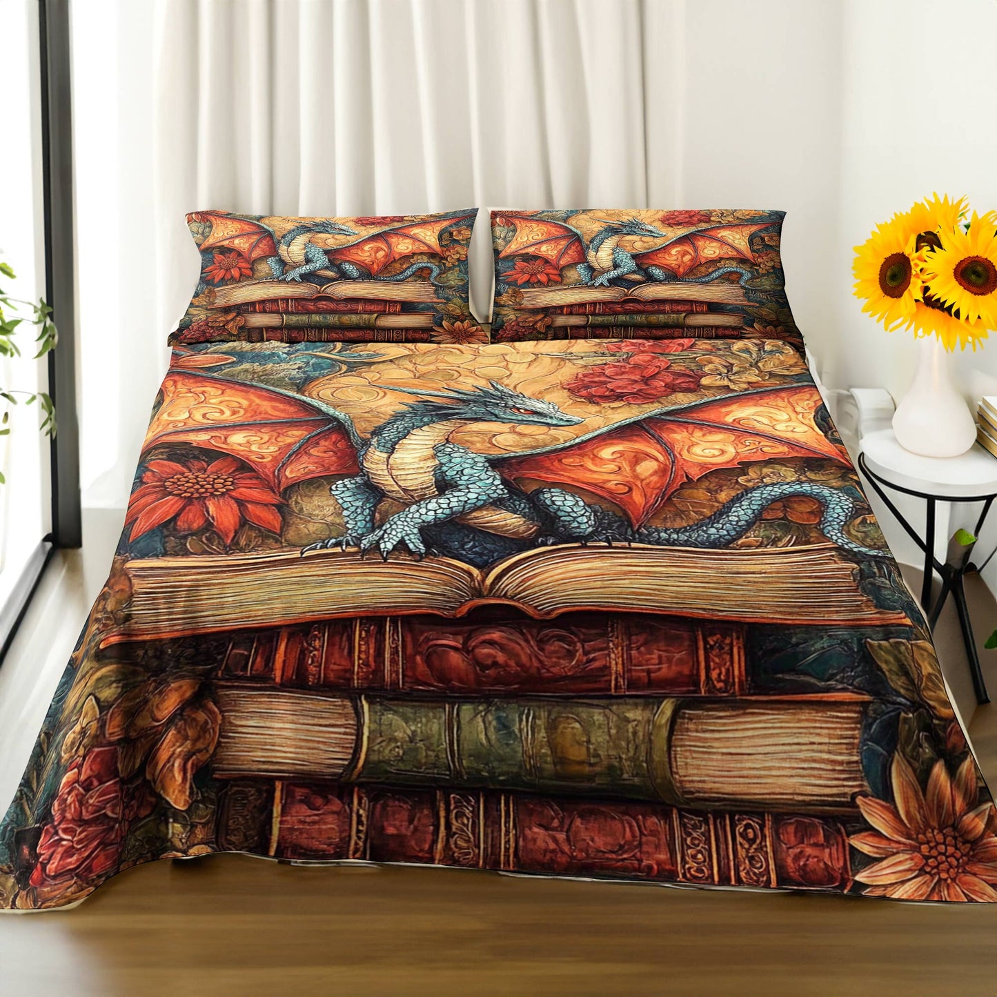 Shineful 4-Piece Bed Sheet Set Glorious A Stack Of Books With A Dragon