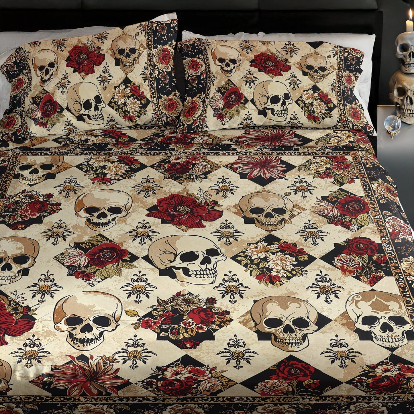 Shineful 4-Piece Bed Sheet Set - Elegant Skull Roses