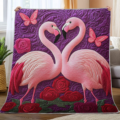 Shineful Flat Print Faux Quilt Blanket - Pink Flamingos in Love with Roses and Butterflies