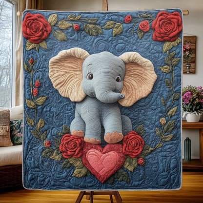 Shineful Flat Print Faux Quilt Blanket - Adorable Baby Elephant with Roses and Heartfelt Love