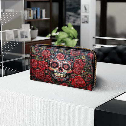 Shineful Leather Clutch Purse With Wristlet Strap Handle Roses & Sugar Skull Elegance