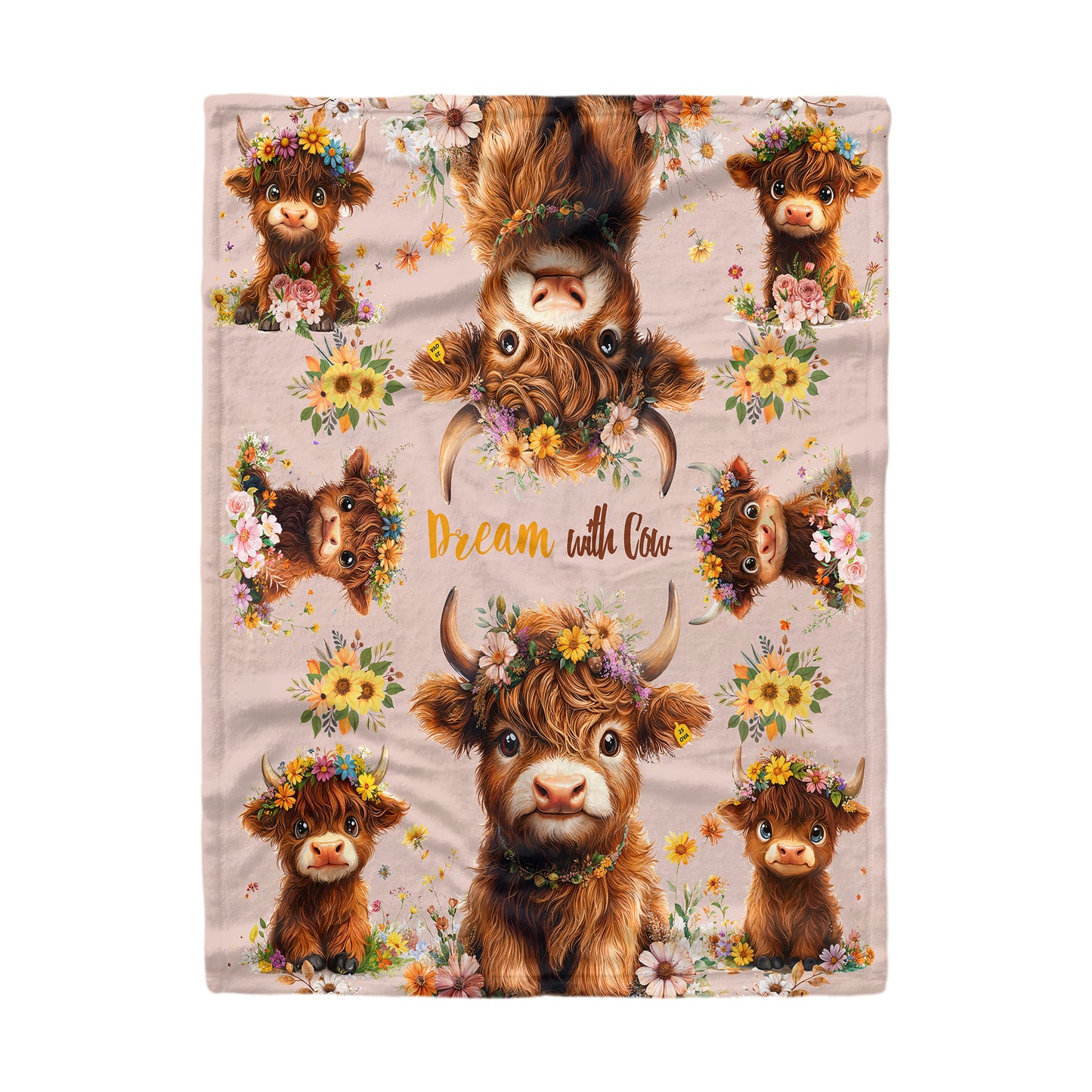 Shineful Fleece Blanket Highland Cow With Flowers