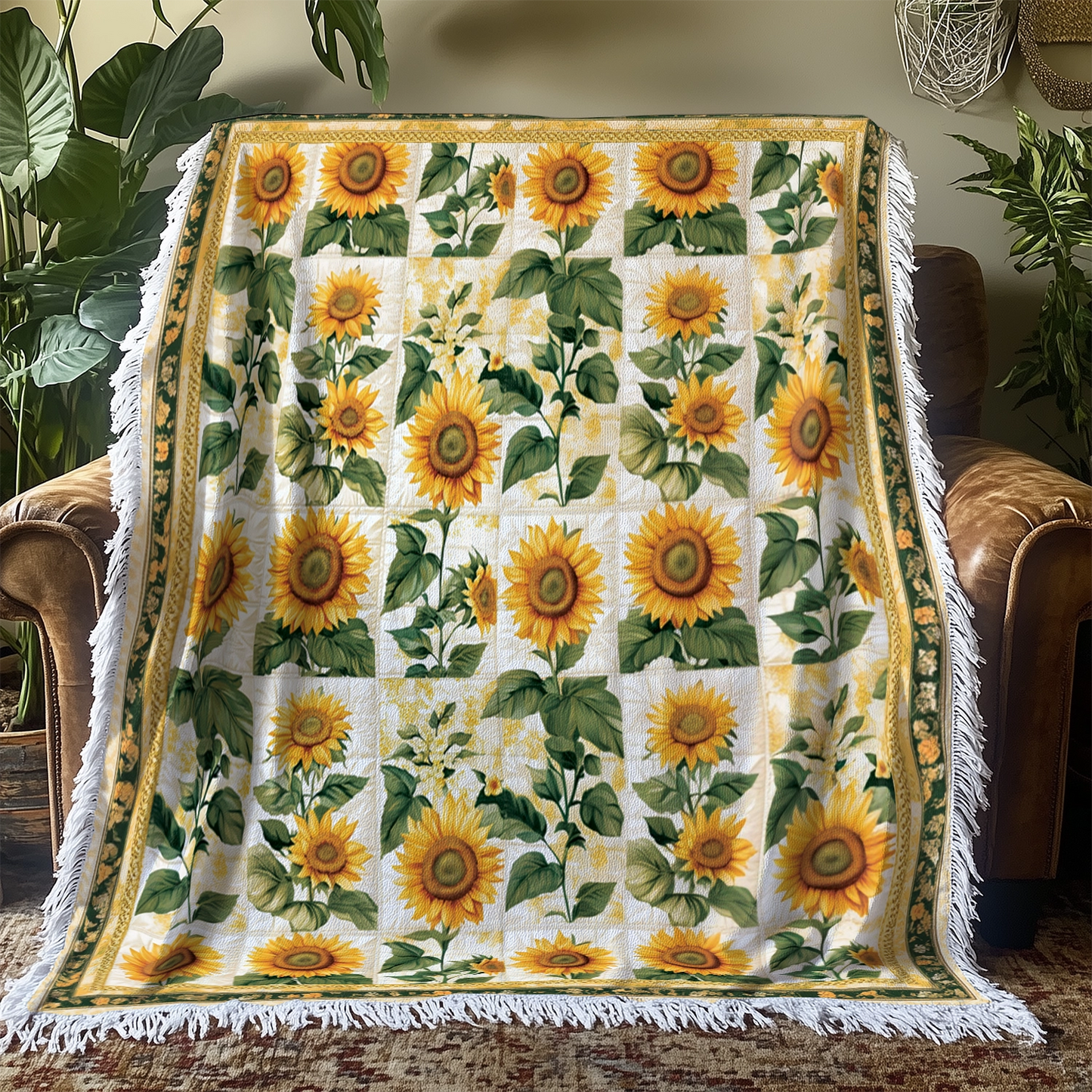 Shineful Woven Tapestry Throw Blanket Vintage Rustic Sunflower Patchwork