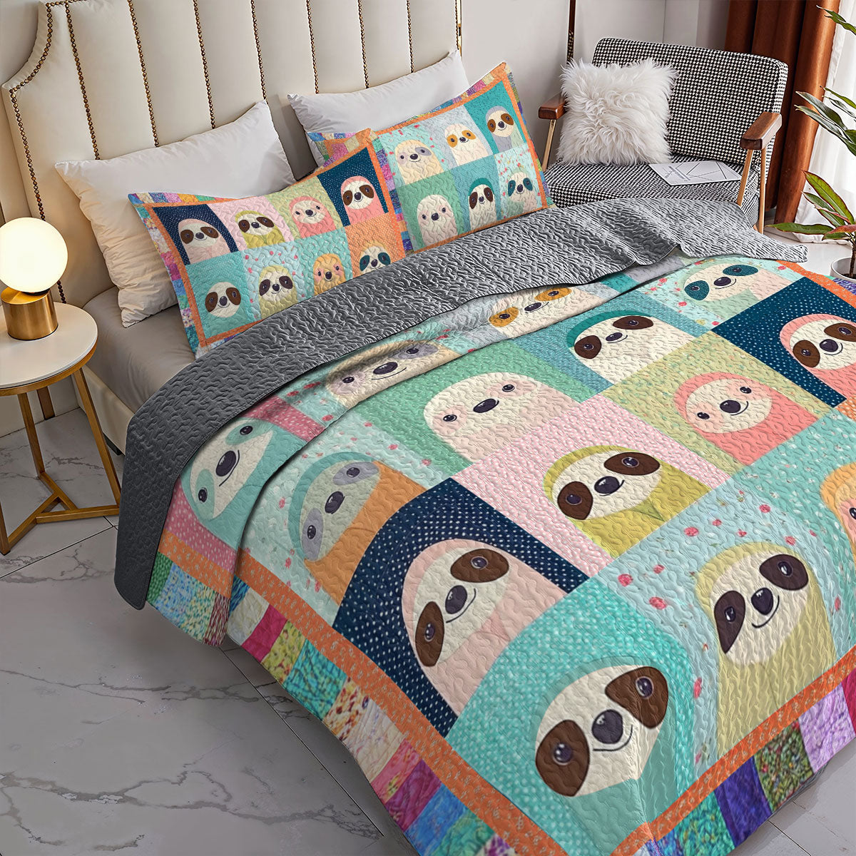 Shineful All Season Quilt 3-Piece Set Colorful Sloth Bliss