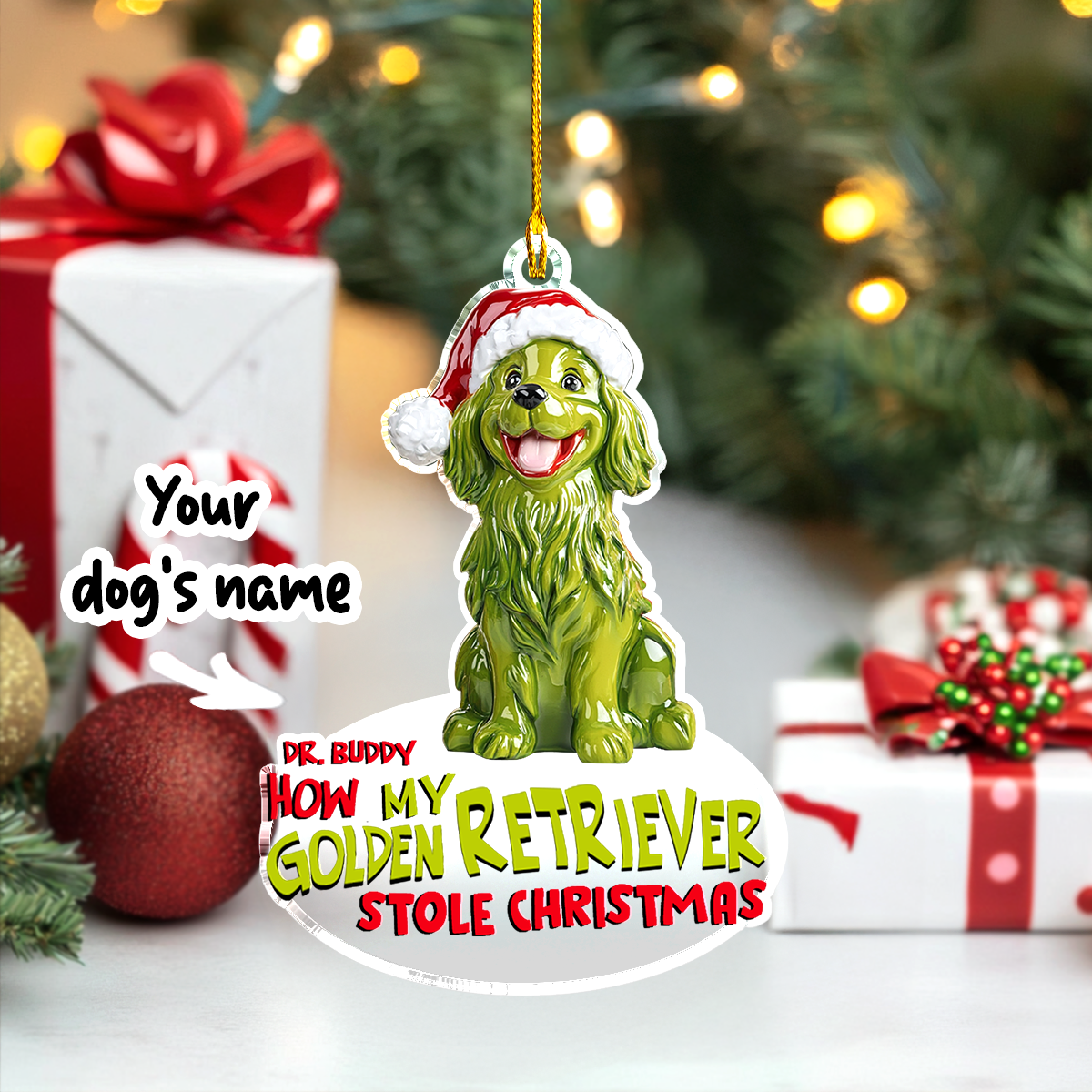 Glänzendes personalisiertes 2D-Ornament aus Acryl: Wie mein Golden Retriever Weihnachten gestohlen hat 