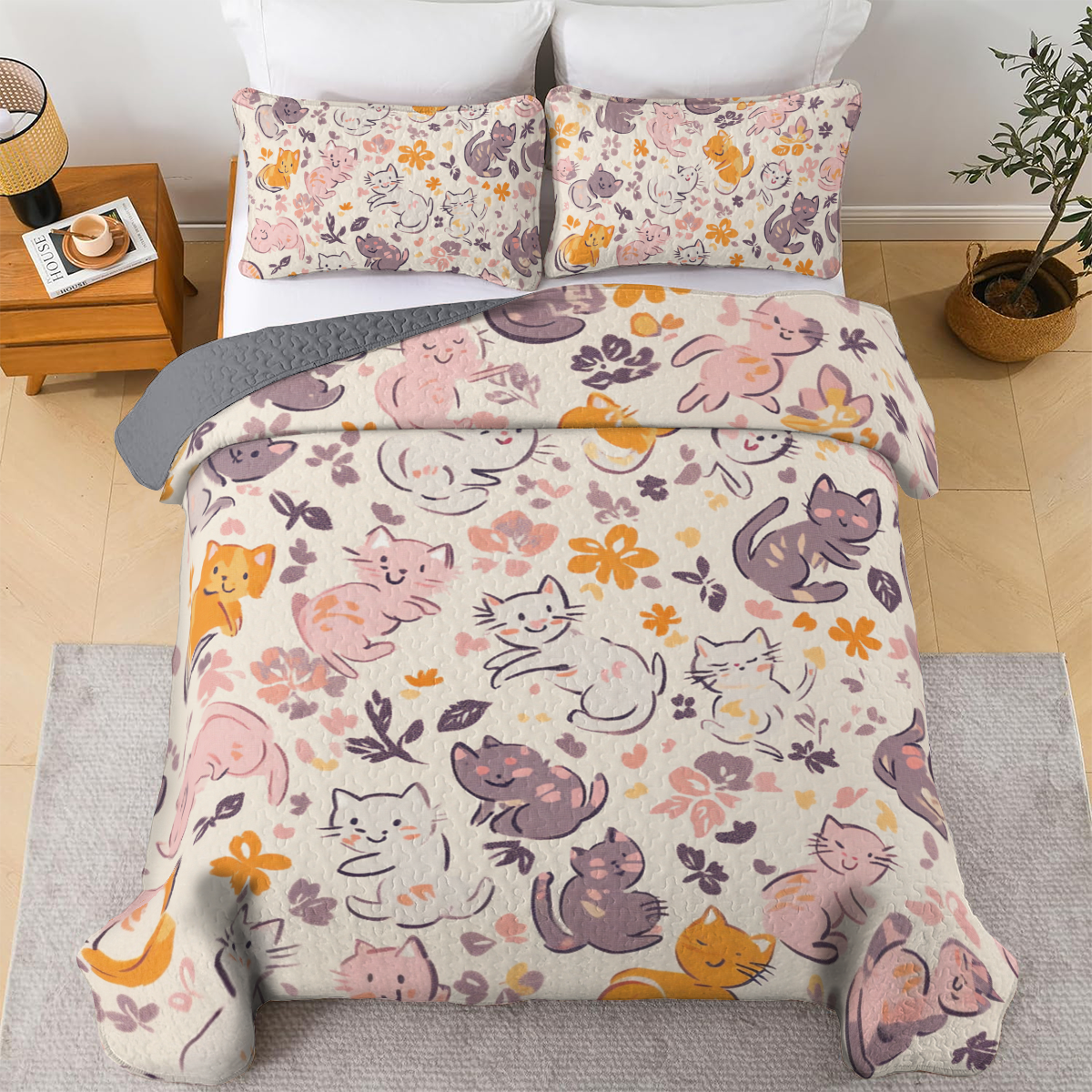 Shineful All Season Quilt 3-Piece Set - Cat Blossom Delight