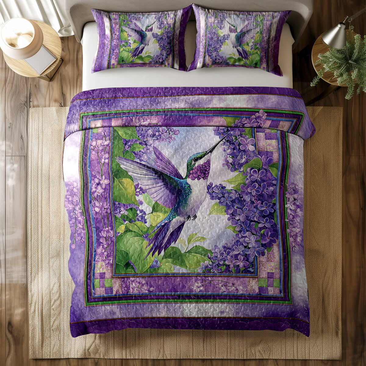 Shineful All Season Quilt 3-Piece Set - Lilac Flight: Hummingbird Quilt