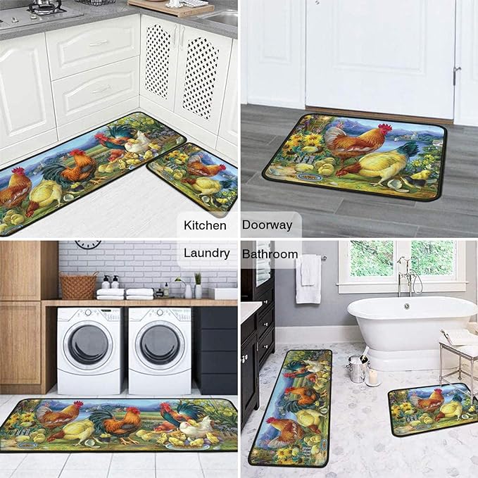 Shineful Rooster 3 Ultra-Thin Non Skid Floor Mat, Kitchen Rugs