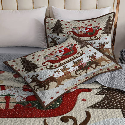 Shineful Flat Print Quilt 3-Piece Set Cozy Santa Claus With Reindeer Pulling His Sleigh Full Of Gifts