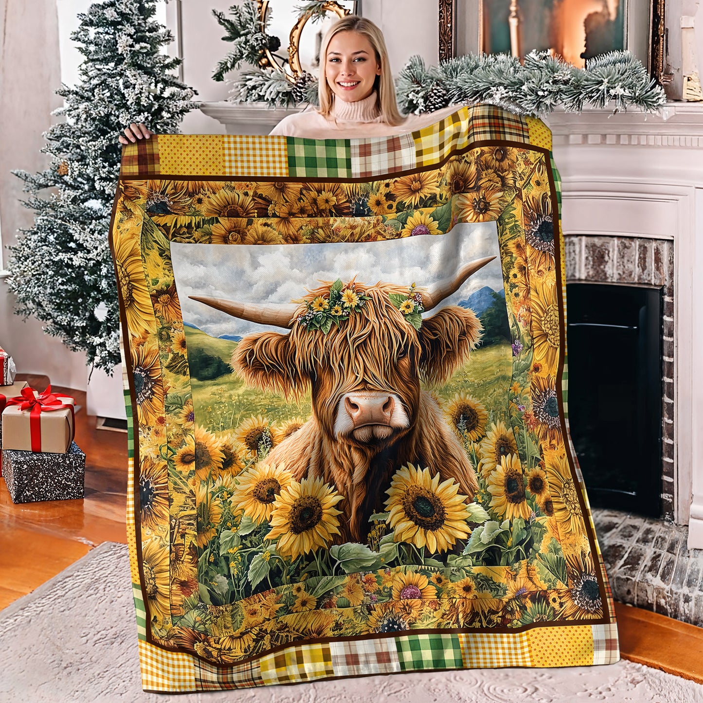 Glänzende Fleecedecke, rustikale Highland Cow Farm Quilt