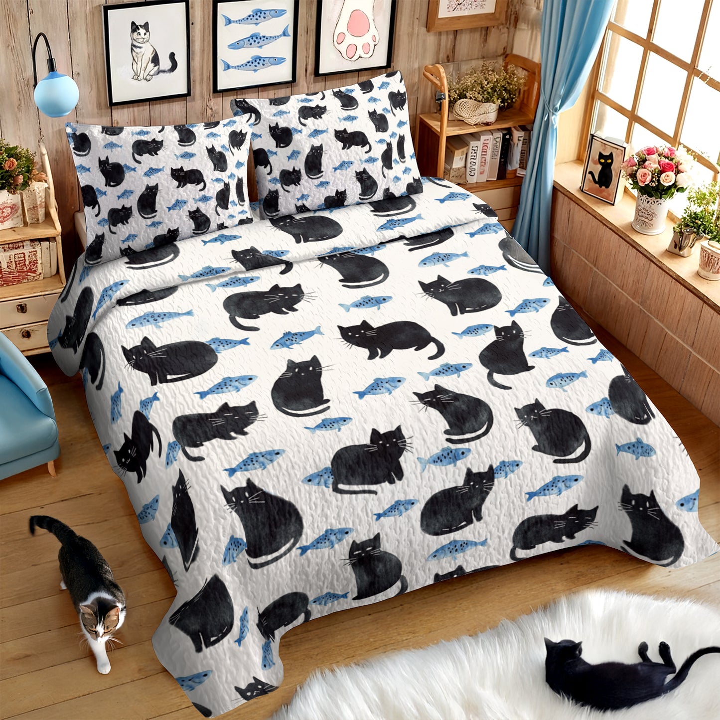 Shineful All Season Quilt 3-Piece Set - Naughty Cat With Fish