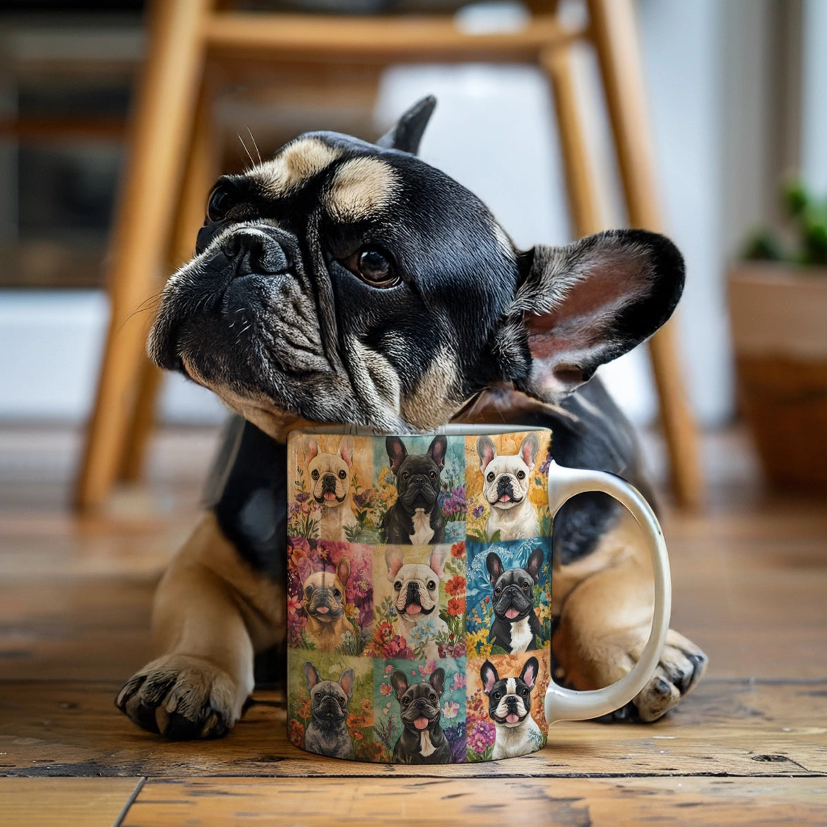 Glänzende Keramiktasse „Französische Bulldogge Garten“