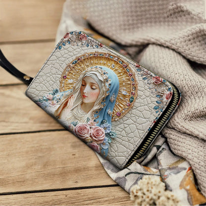 Shineful Leather Clutch Purse With Wristlet Strap Handle Divine Elegance Virgin Mary