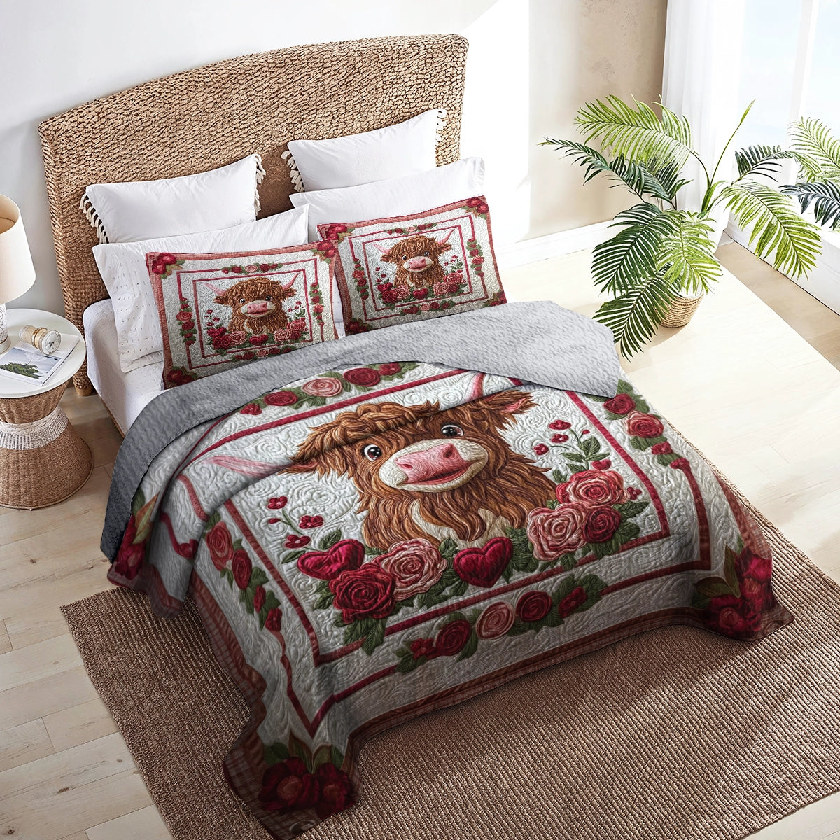 Shineful All Season Quilt 3-teiliges Set Cozy Valentine's Highland Cow