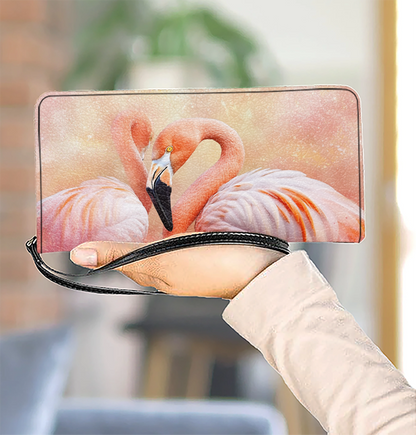 Shineful Leather Clutch Purse With Wristlet Strap Handle Flawlessly Fabulous Flamingo Bliss