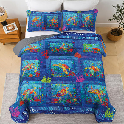 Shineful All Season Quilt 3-Piece Set - Sea Turtle With Lively Ocean Life