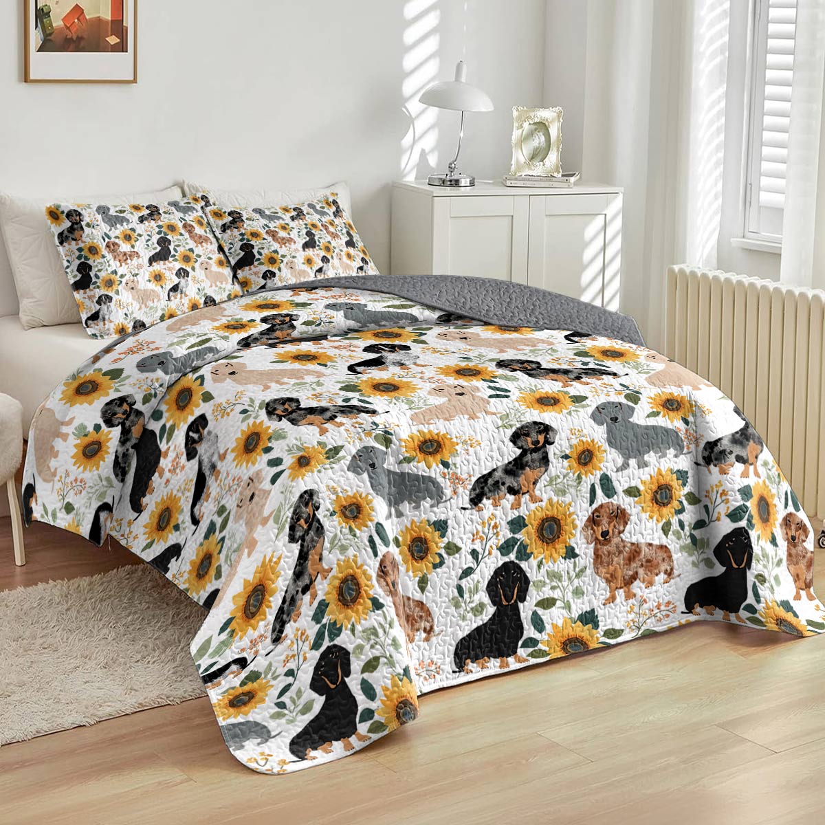 Shineful All Season Quilt 3-teiliges Set – Dackel und Sonnenblumen 