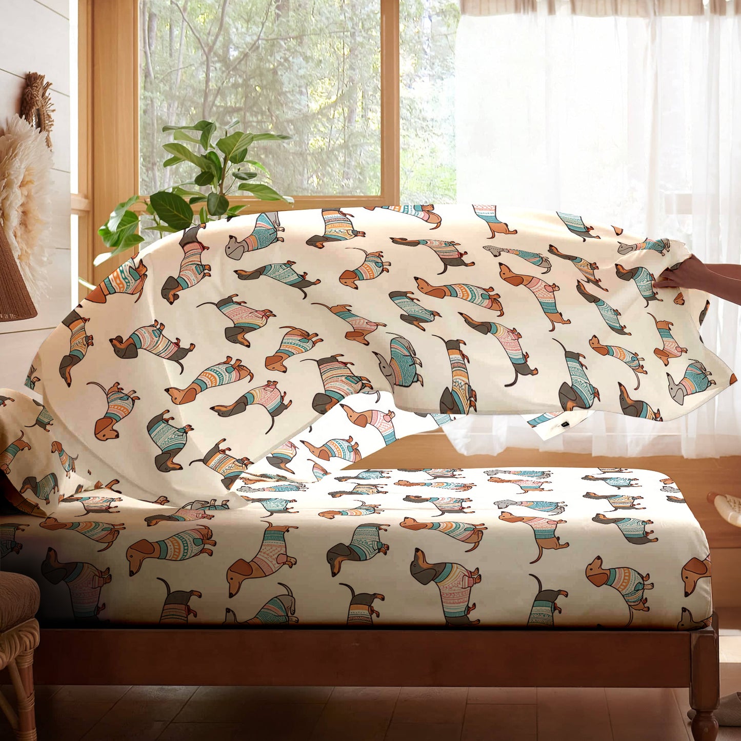 Shineful 4-Piece Bed Sheet Set - Playful Dachshunds