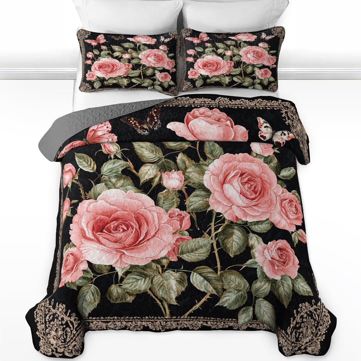 Shineful All Season Quilt 3-Piece Set Elegent Pink Roses And Butterflies