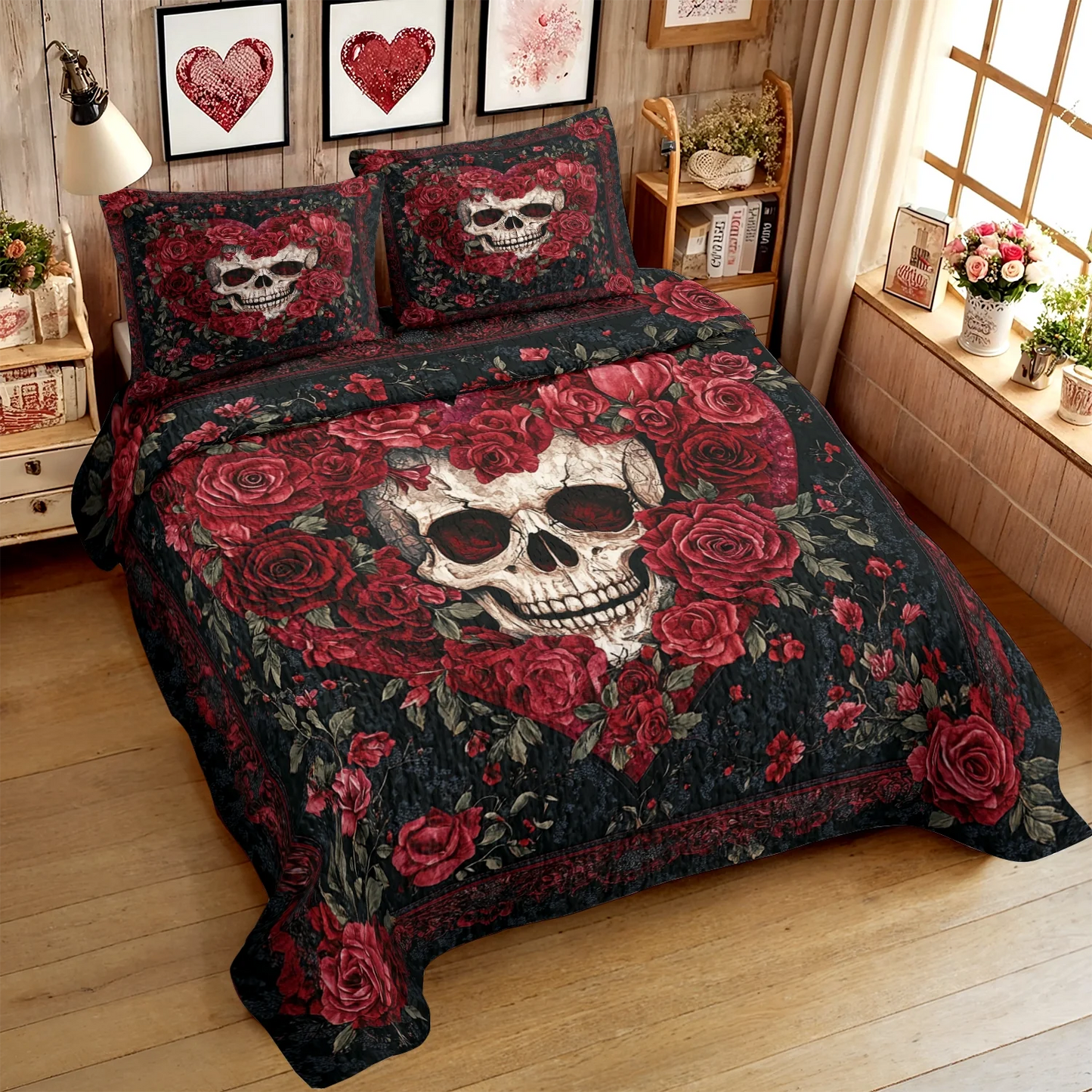 Ensemble de courtepointe toutes saisons Shineful 3 pièces - Crimson Love Gothic