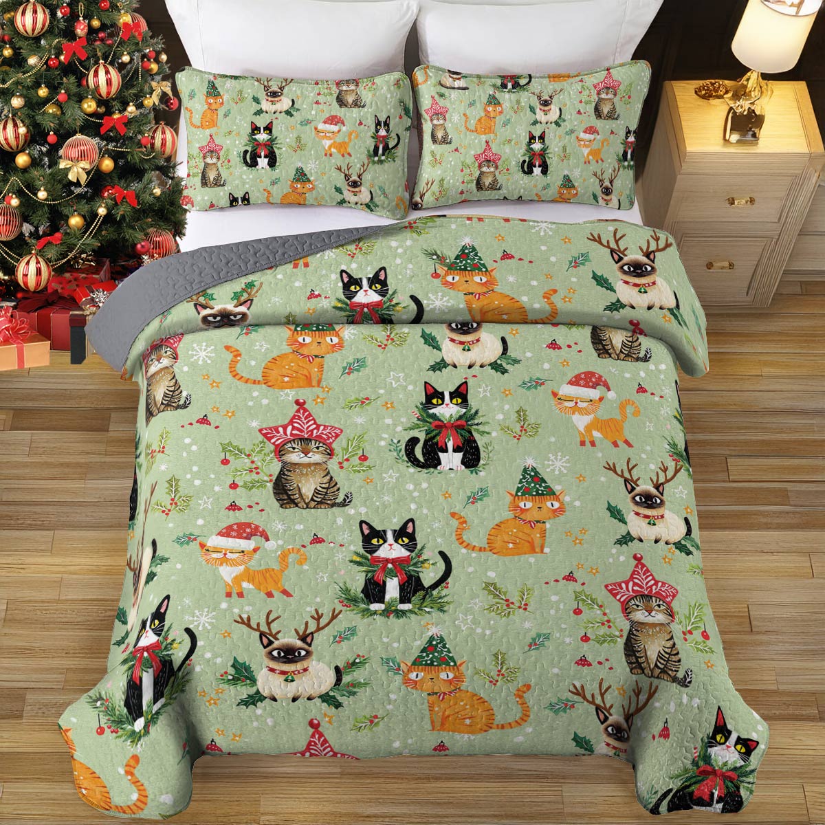 Shineful All Season Quilt 3-Piece Set Christmas Cats