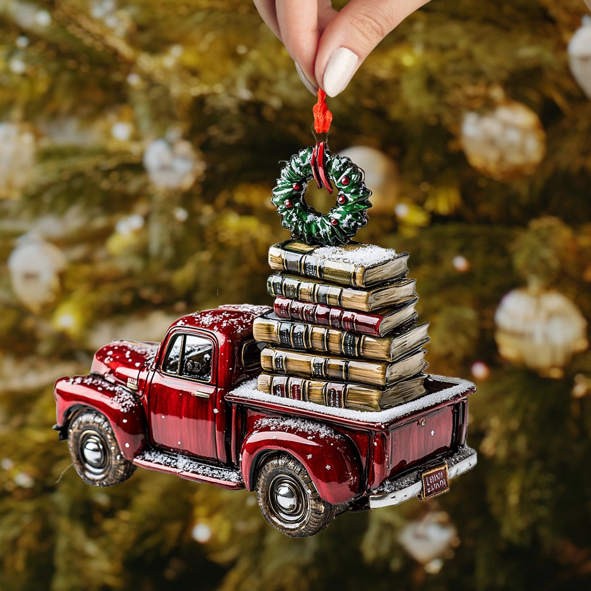 Glänzendes 2D-Acryl-Ornament „Festlicher Bücher-Truck“