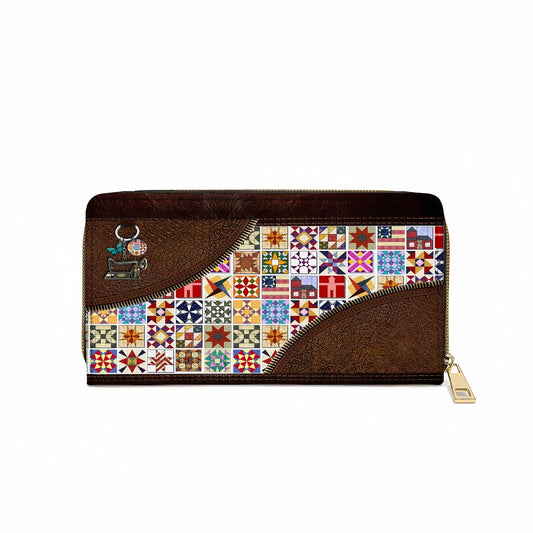 Shineful Leather Clutch Purse With Wristlet Strap Handle Quilt Blocks