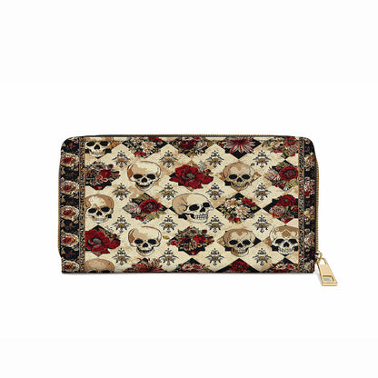 Shineful Leather Clutch Purse With Wristlet Strap Handle Elegant Skull Roses