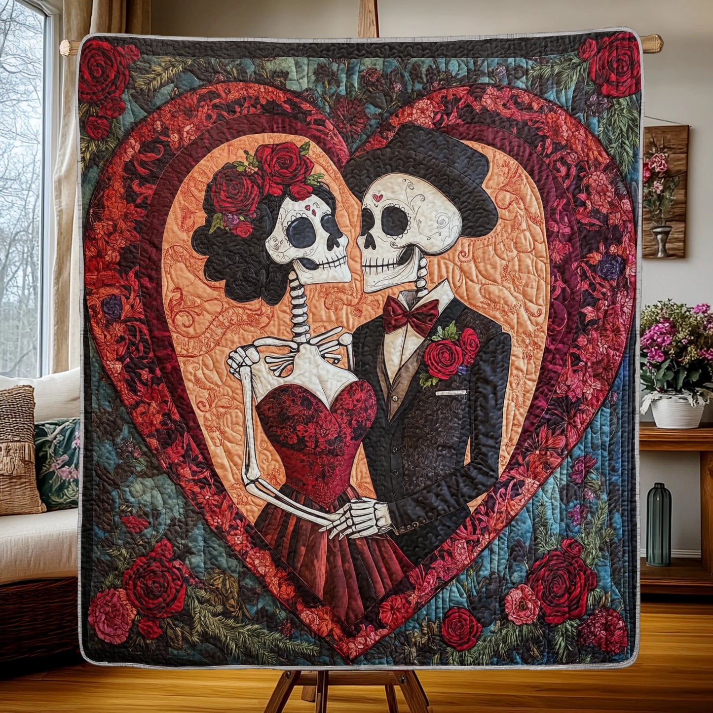 Shineful Flat Print Faux Quilt Blanket - Eternal Love in Day of the Dead Quilt Masterpiece