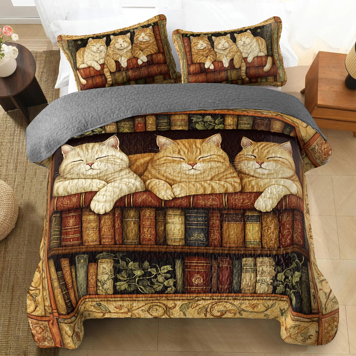 Shineful All Season Quilt 3-Piece Set - Books and Cats Comfort