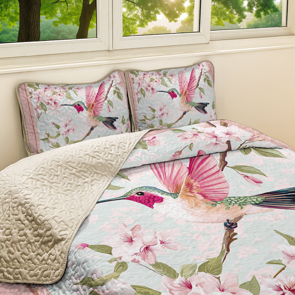 Shineful All Season Quilt 3-Piece Set Floral Hummingbird Springtime