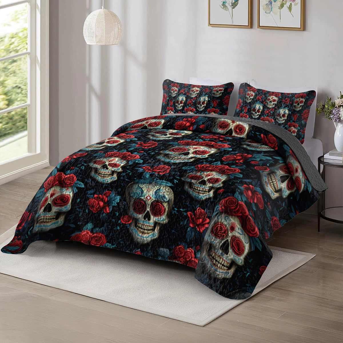 Shineful All Season Quilt 3-Piece Set - Sugar Skull & Roses Noir