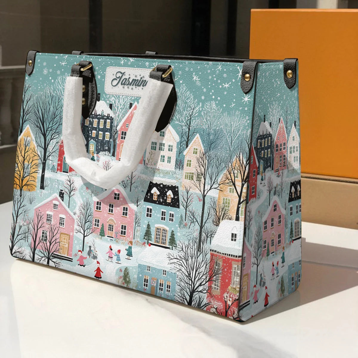 Glänzende Ledertasche Personalisiert Weihnachten Winter Wunderland